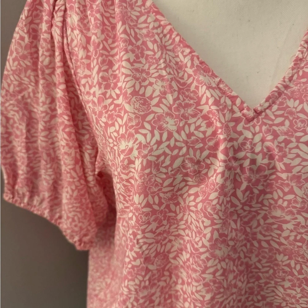 J Crew Size Large Pink & White Fabric Floral Puff sleeve Blouse Cotton